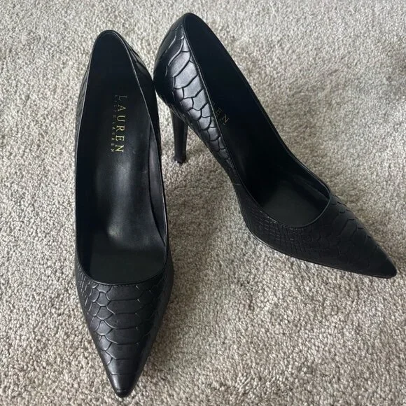 Lauren Ralph Lauren Black Snake Skin Embossed Pump Heel Pointed Toe Classy - Picture 1 of 9